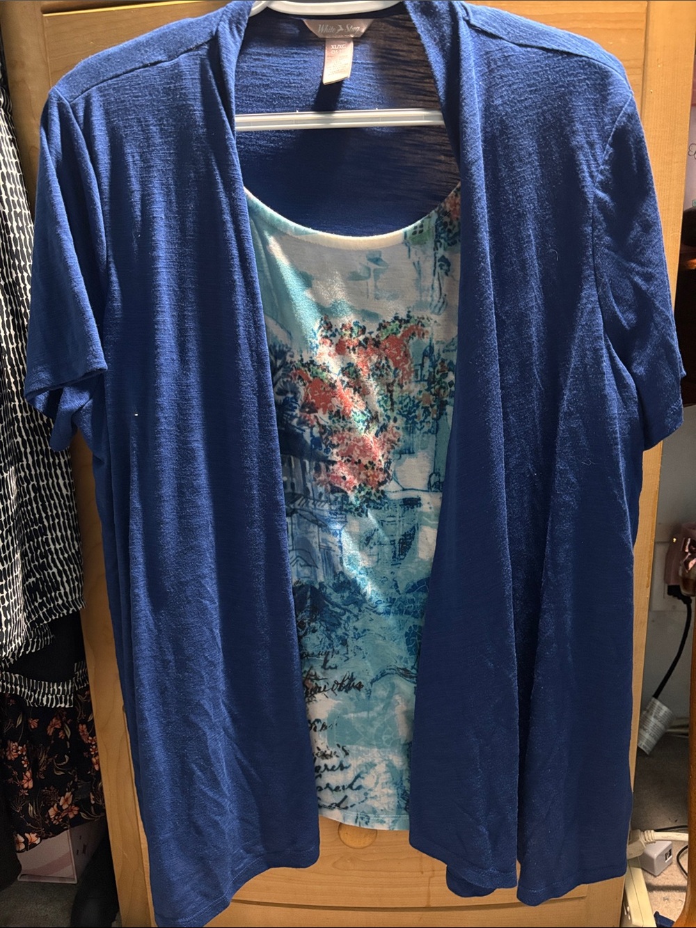 Blue Open-Front Cardigan with Floral Blue Print Tank